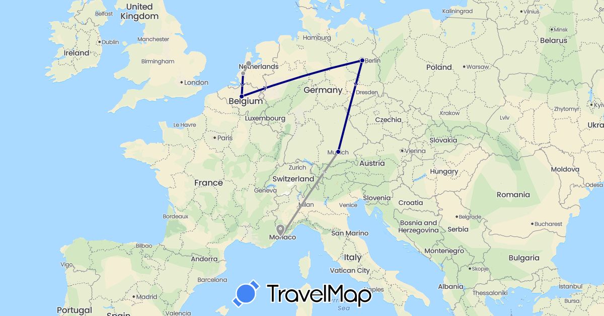 TravelMap itinerary: driving, plane in Belgium, Germany, France, Netherlands (Europe)